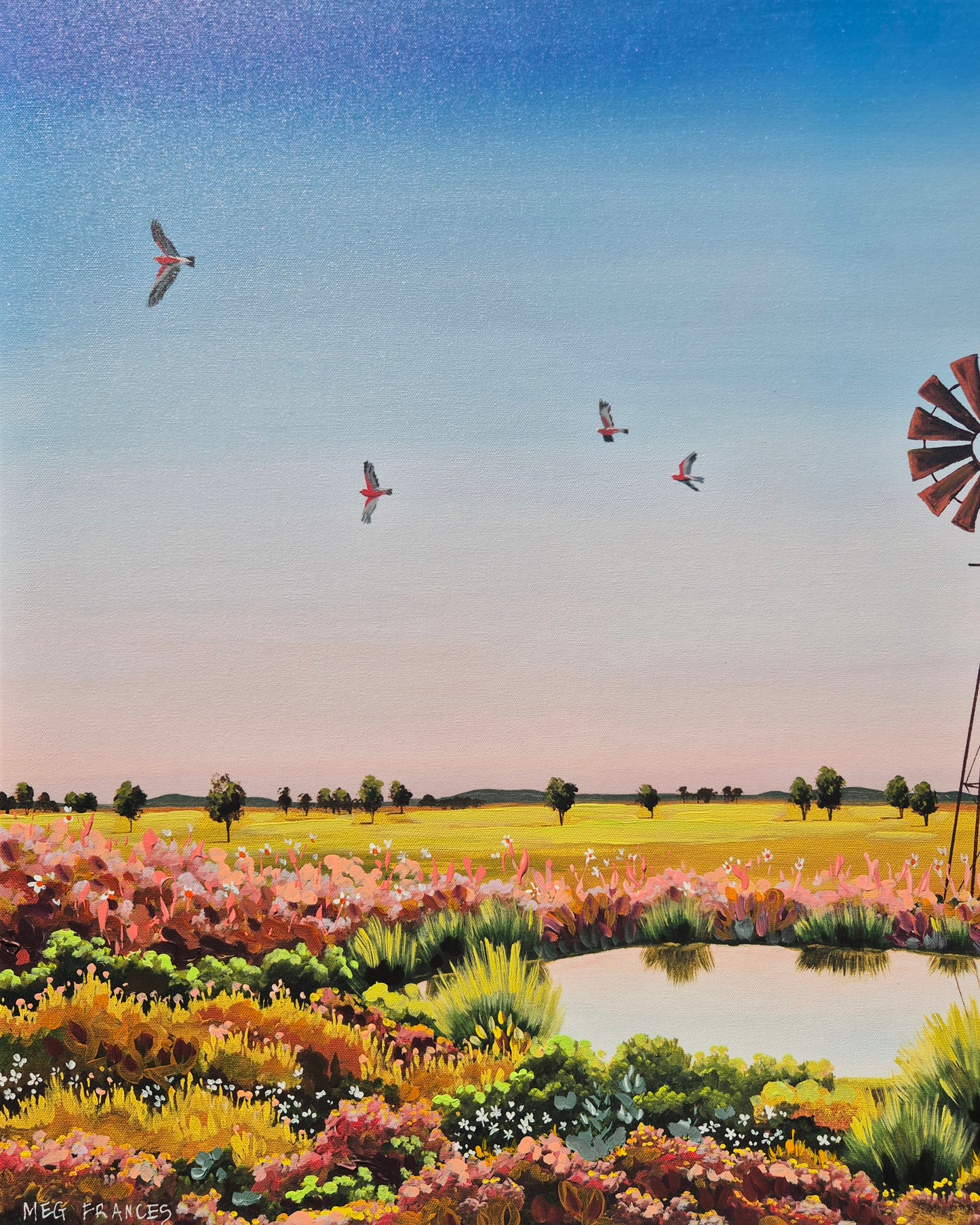 EMBELLISED CANVAS PRINT "Galahs on Dusk" 80x65cm